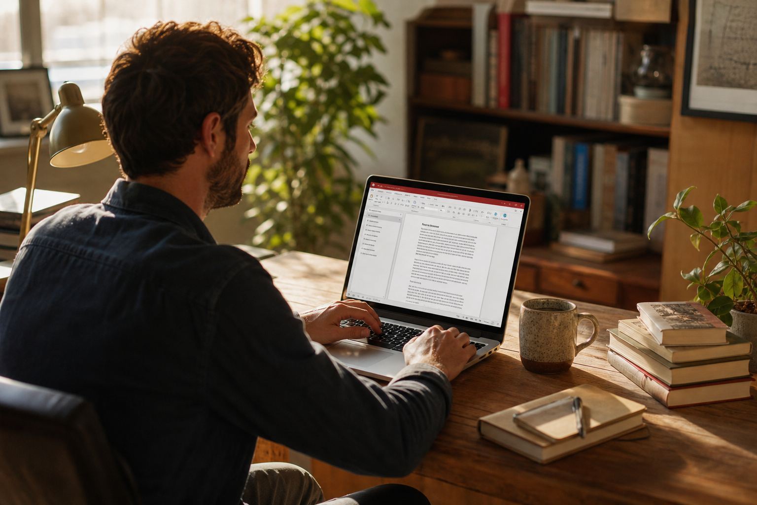 Writing in WPS Writer at a wooden desk