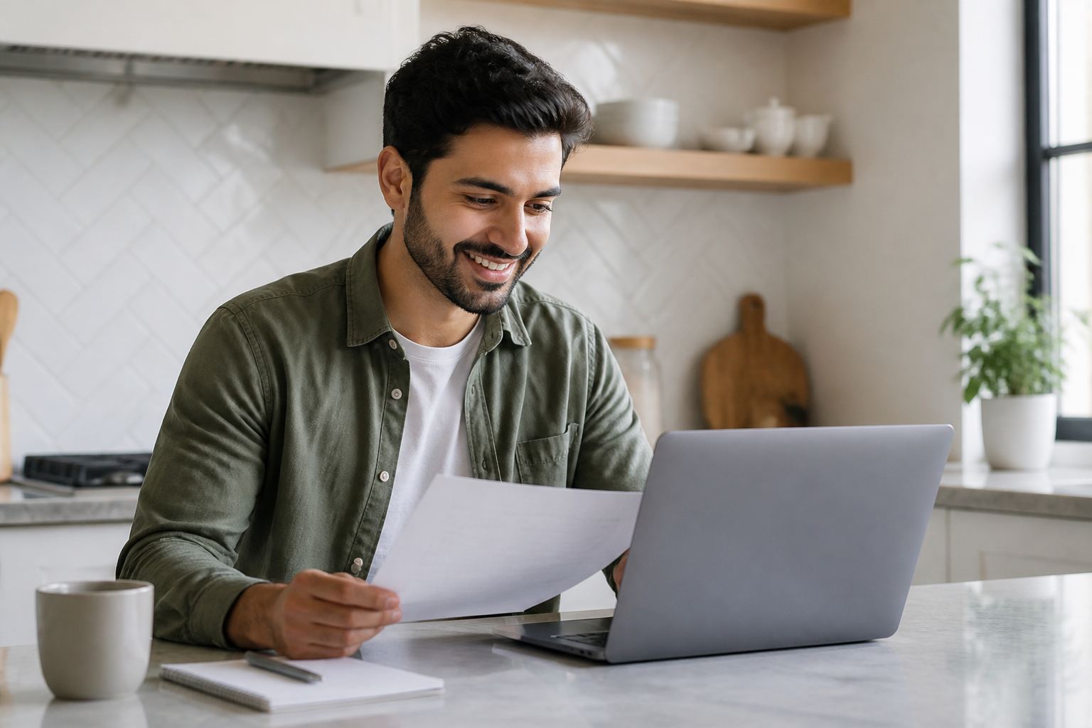 Shop owner reviewing paperwork at a kitchen counter