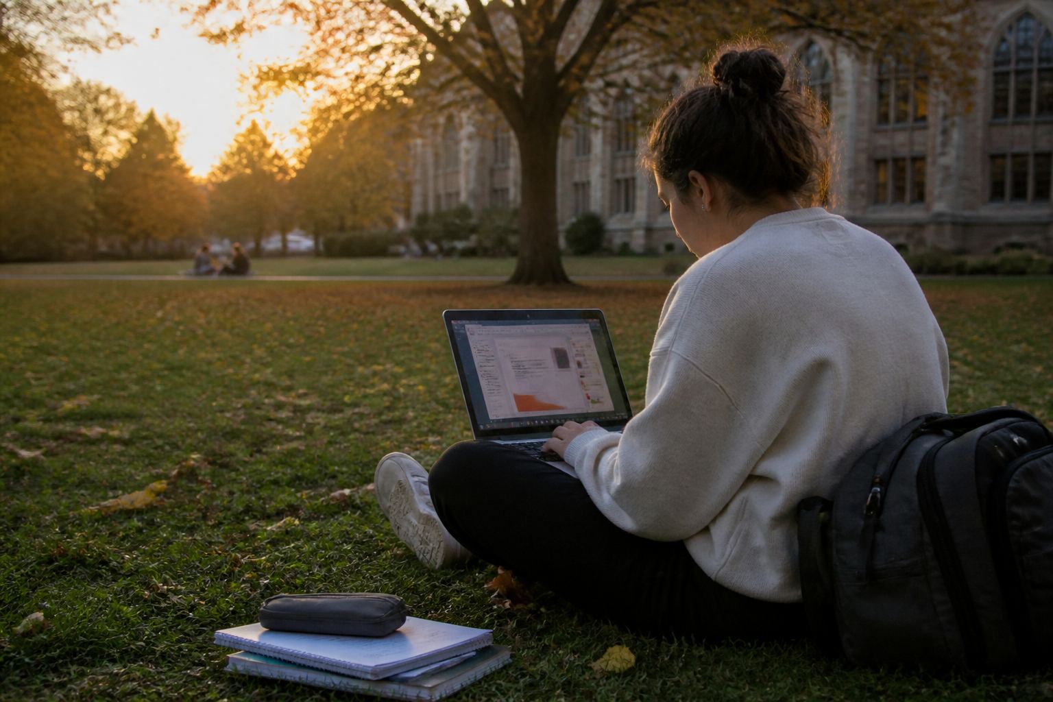 Student working on a campus lawn